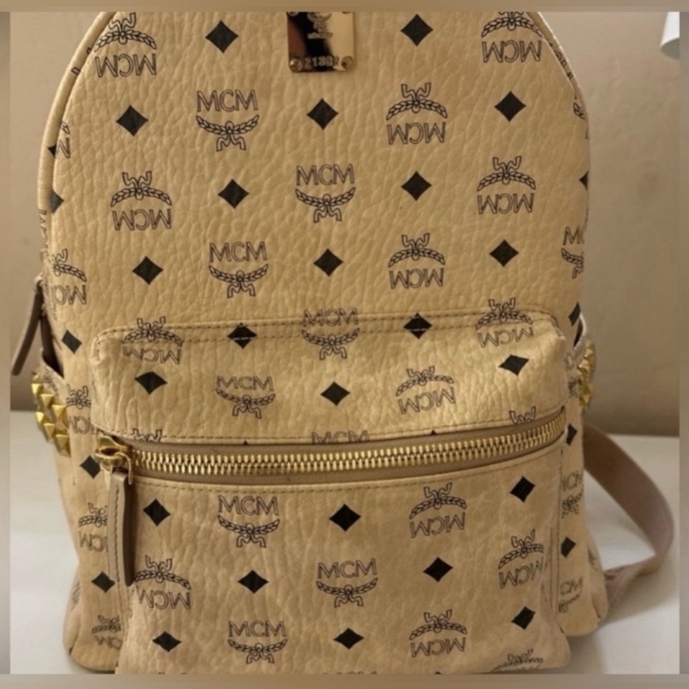 EUC Limited Edition MCM Large Beige Backpack W/ Monogram Print And Gold Hardware